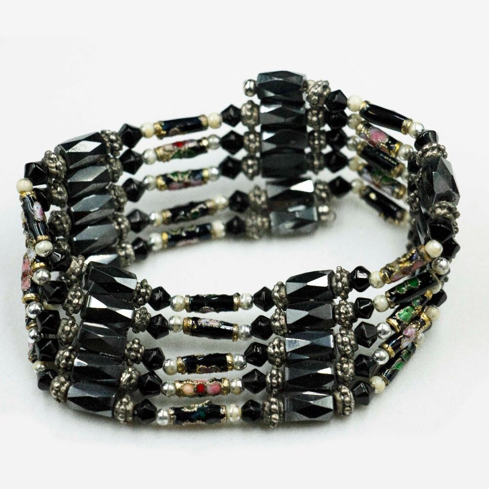 FACETED MAGNETIC HEMATITE & MULTI-COLORED FLORAL BEAD BRACELET – JBHmBS